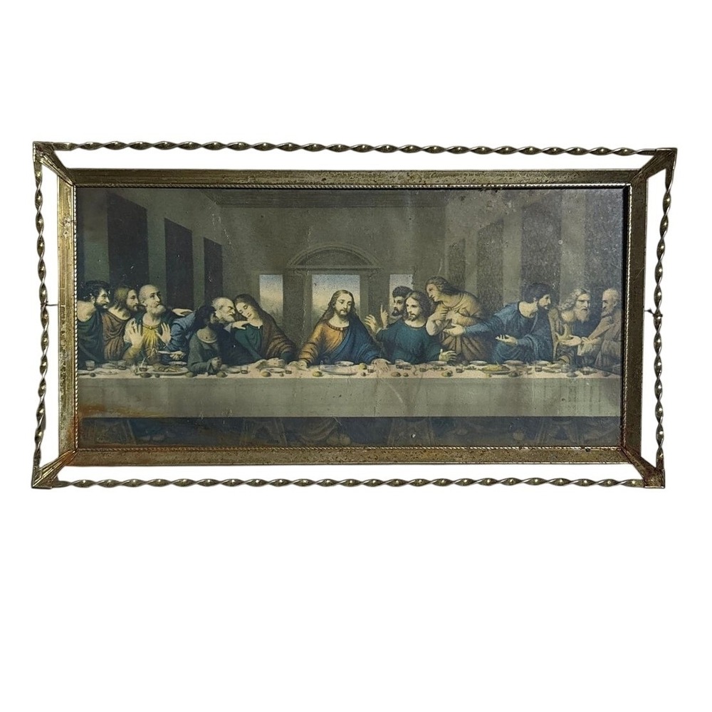 Vintage Last Supper Framed Print, Ornate Brass Wire‎ Frame, Religious Wall Art